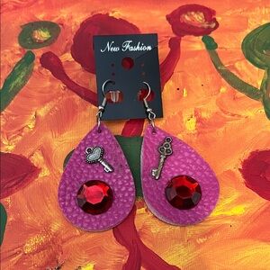 Purple and Red Key Charm Earrings